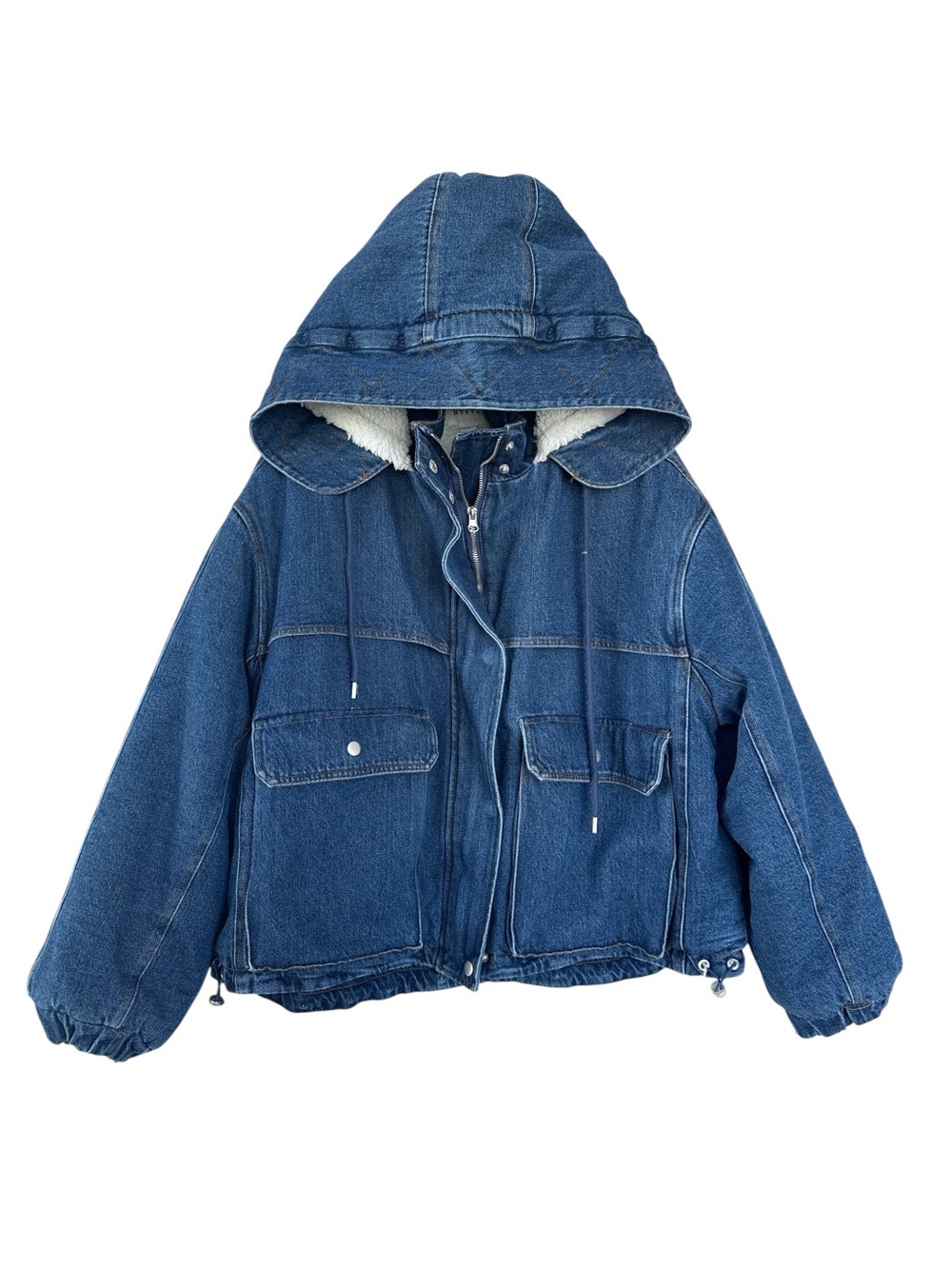 HYFVE Sherpa Lined Denim Hooded Jacket Oversized Utility Coat Blue Large